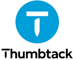 Thumbtack logo with a white "T" shaped like a thumbtack inside a blue circle above the word "Thumbtack.