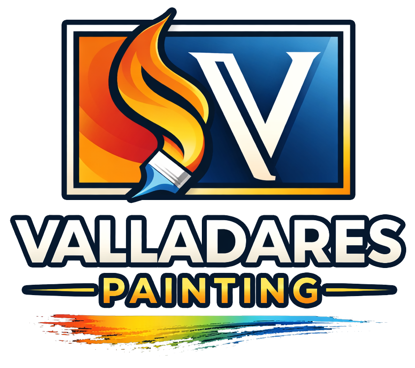 Logo for Valladares Painting with a flame-shaped paintbrush and colorful paint streak below the text.