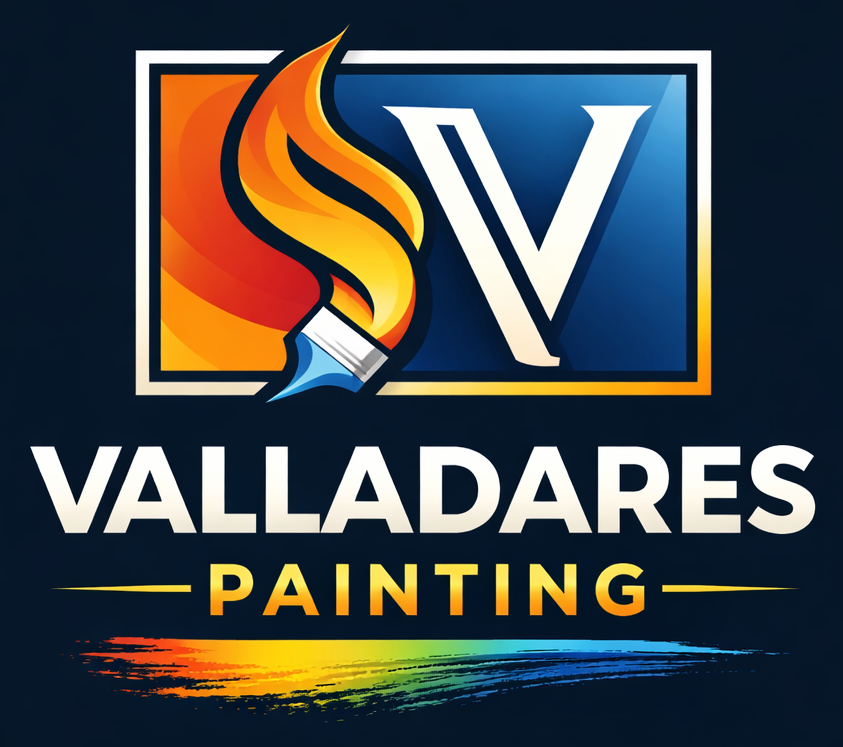 Logo for Valladares Painting with a paintbrush forming a flame, a large "V", and a colorful paint streak.