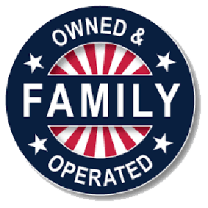 family-ig Circular badge reading "Family Owned & Operated" with stars and red stripes in the background.